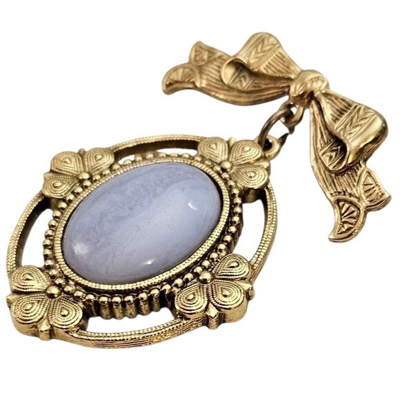 1928 Brand Bow Brooch Oval Setting, Blue Lab Agate Pin - Picture 3 of 7